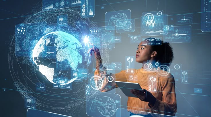 Professional working with digital data visualisations and global connections