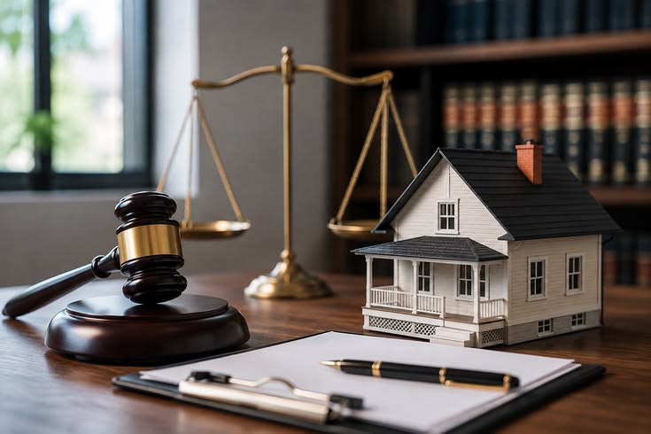 Model house with property documents in a legal office