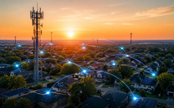 Telecommunications towers and network connections across a community