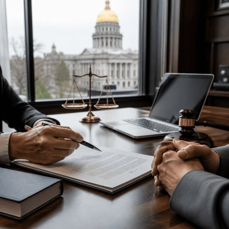 Legal consultation desk with documents and writing instruments